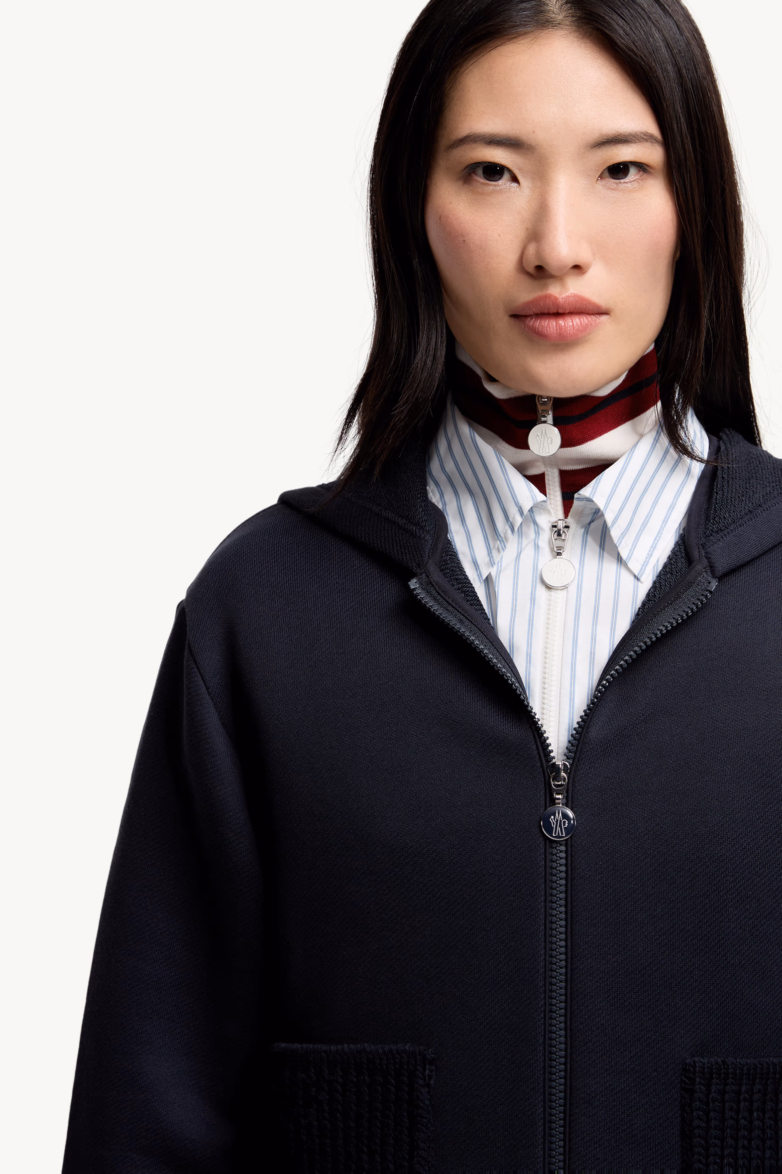 Sweat à capuche zippé en coton avec détails en maille Femmes Bleu marine Moncler 6